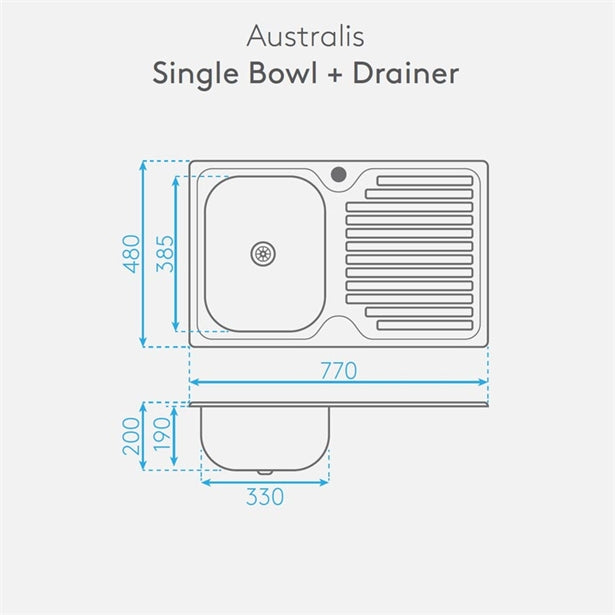 AUSTRALIS SINGLE BOWL AND DRAINER (LEFT HAND SINK)