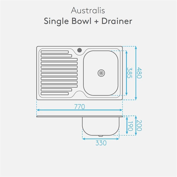 AUSTRALIS SINGLE BOWL AND DRAINER (RIGHT HAND SINK)