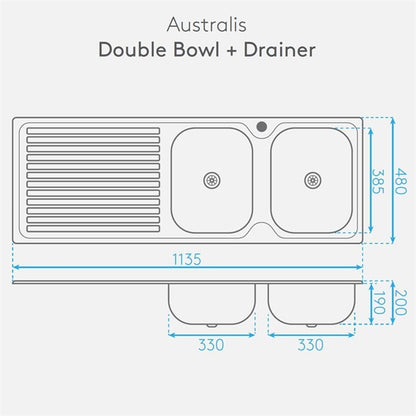 AUSTRALIS DOUBLE BOWL AND DRAINER (RIGHT HAND SINK)